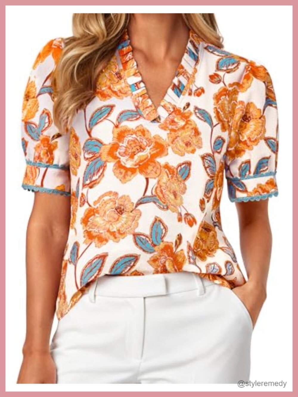 Boho Floral Peasant Blouse Puff Sleeve V-Neck Dressy Casual Top